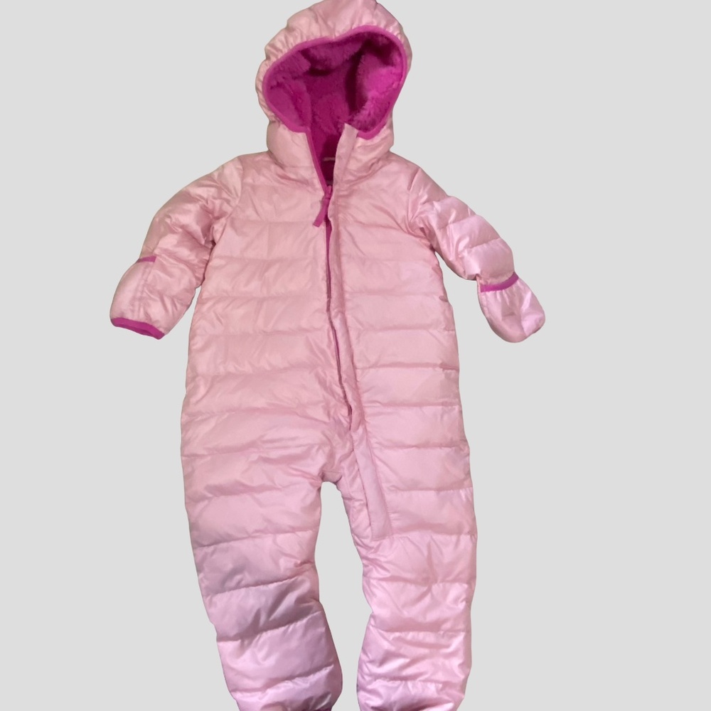Eddie Bauer Kids Pink Down Puffer Hooded Snowsuit Bundler- Sz-6-12 mths